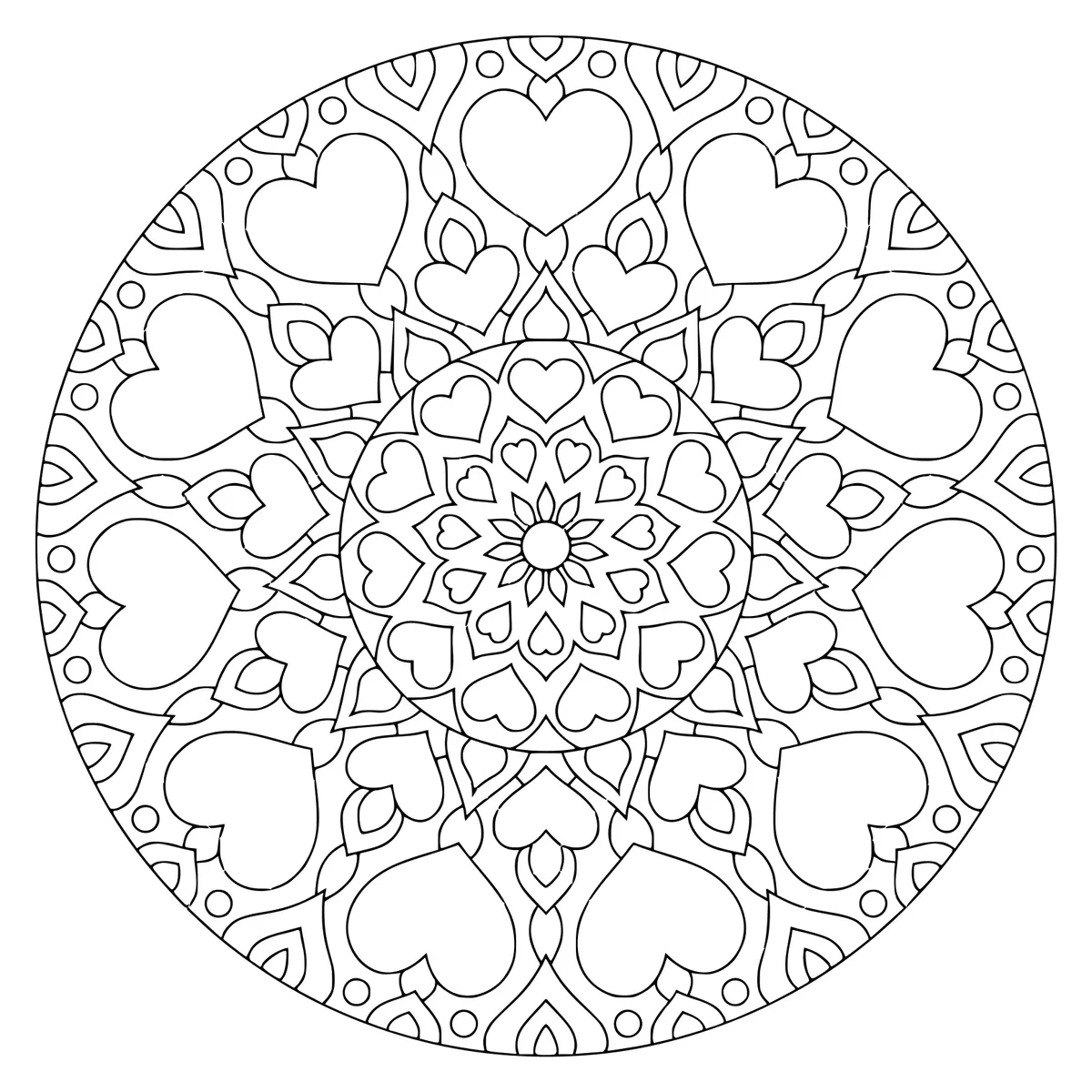 Ausmalbild Mandala mit Herzen und Blumen zum Ausdrucken