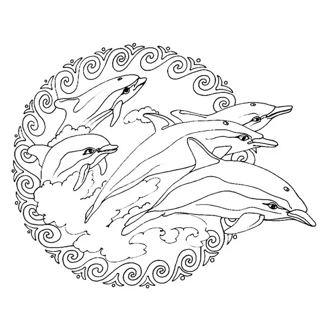 Coloriage Mandala circulaire de dauphins dansants - Mandala à imprimer