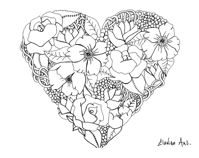 Coloriage Mandala Elanise Art Flowers In A Heart - Saint-Valentin à imprimer