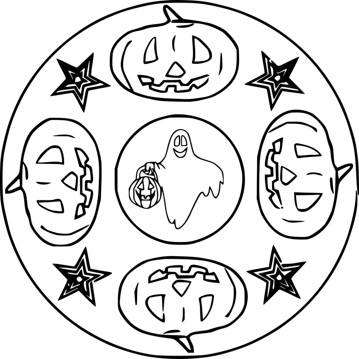 Halloween Mandala with Pumpkins and Ghosts coloring page to print