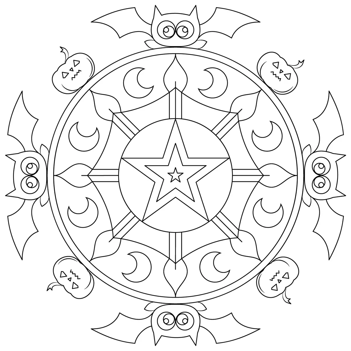 Halloween Mandala with Bats and Pumpkins coloring page to print