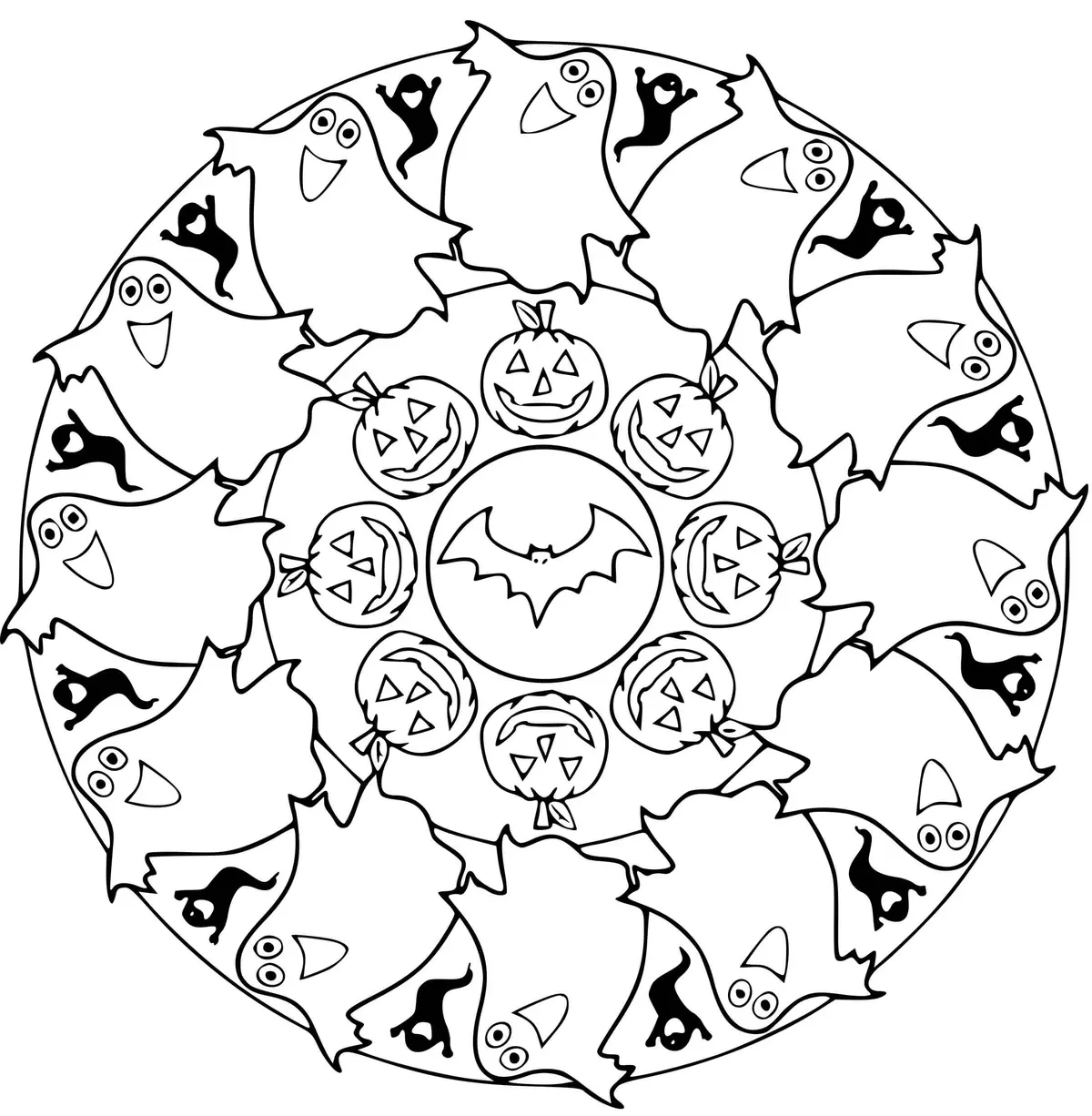 Ausmalbild Halloween Mandala mit Kürbissen und Geistern – Kindergarten & 1. Klasse zum Ausdrucken