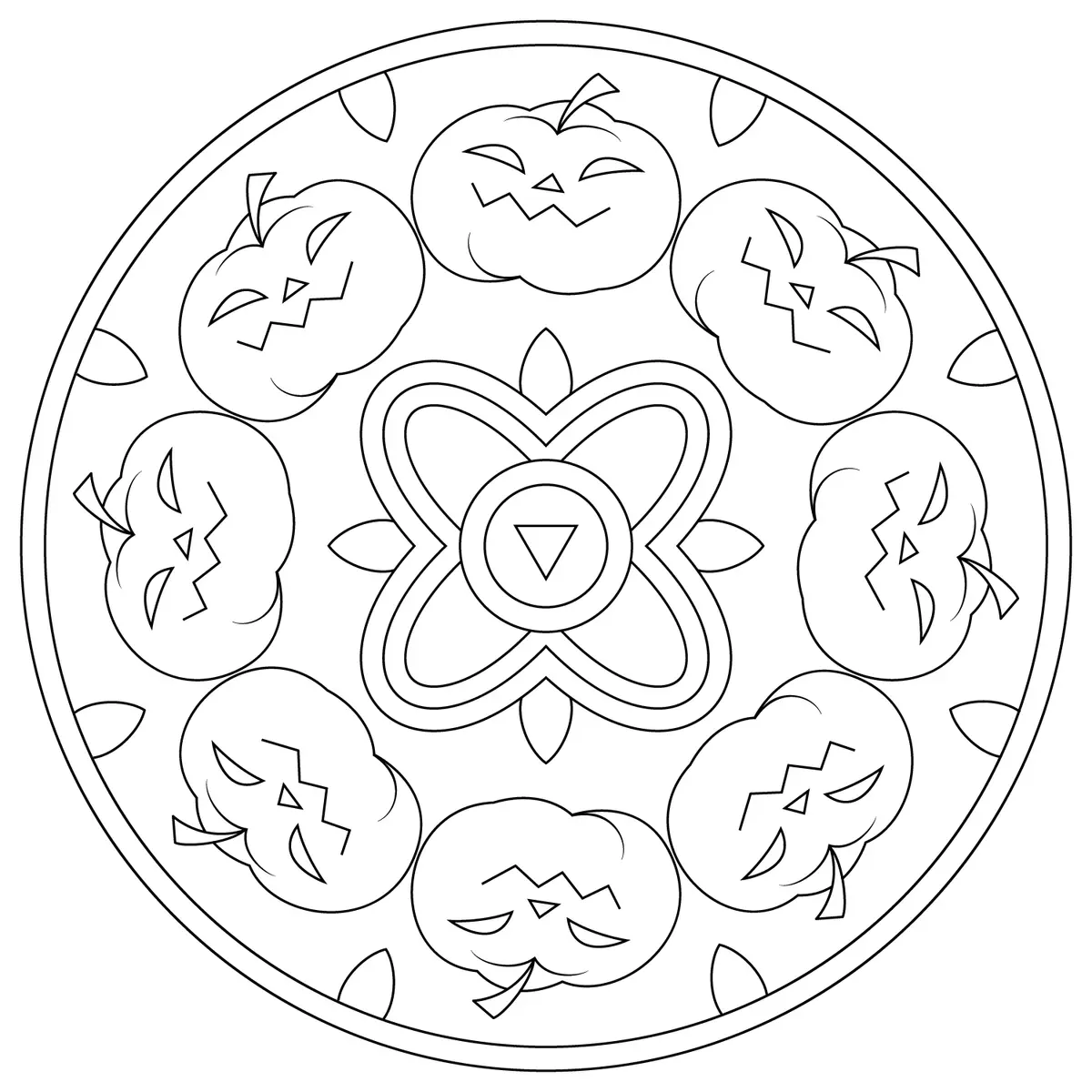 Ausmalbild Halloween Mandala mit Kürbissen – Einfach für den Kindergarten zum Ausdrucken