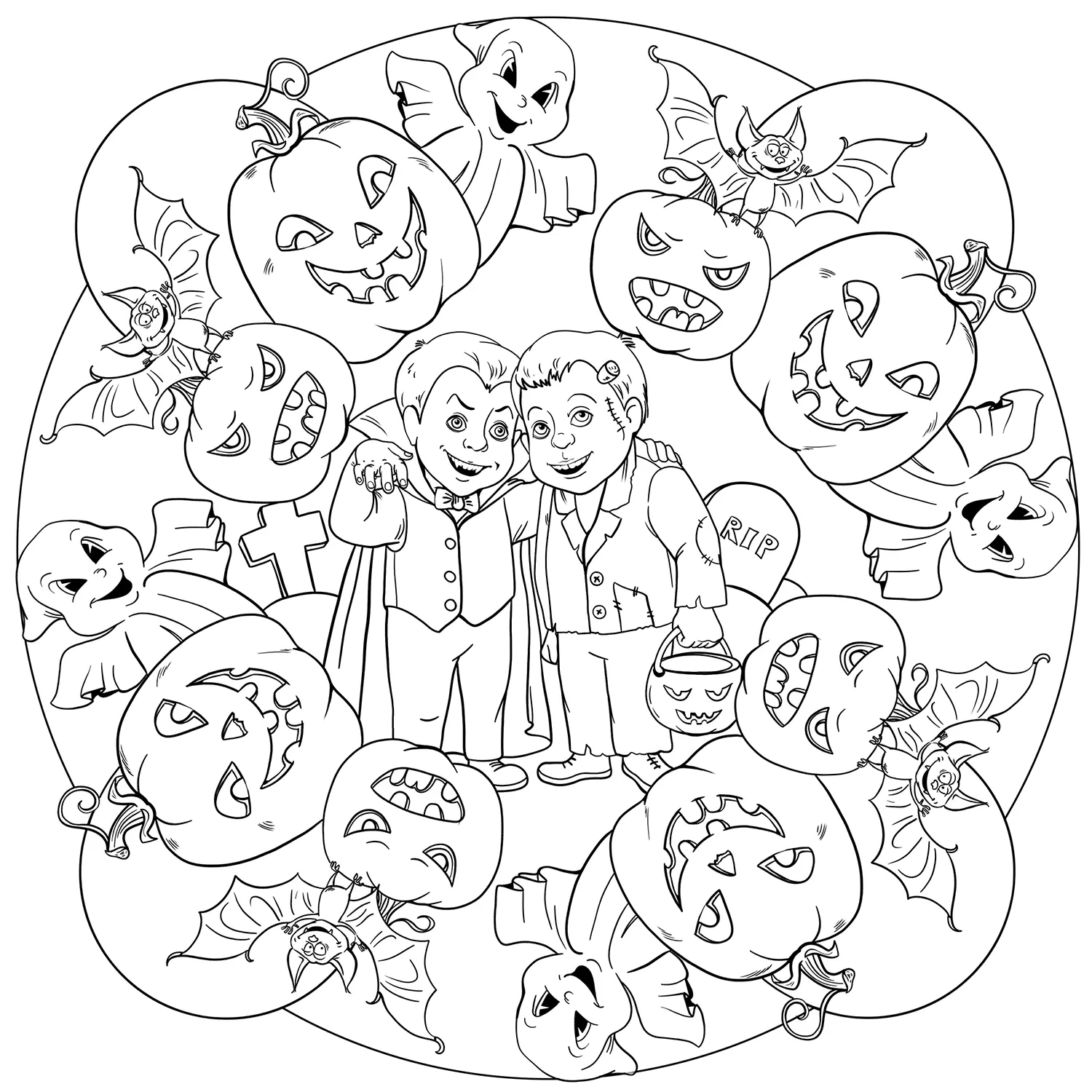 Coloriage Mandala Halloween Vampire Zombie Citrouilles Fantômes - Halloween adulte à imprimer