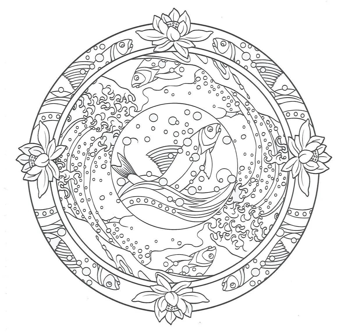 Ausmalbild Mandala Ozean Fisch – Ausmalbilder für Erwachsene zur Kunsttherapie zum Ausdrucken