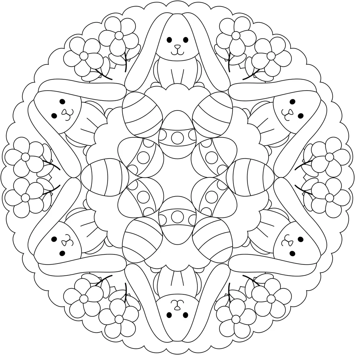 Easy Easter Bunny and Egg Mandala for Preschoolers coloring page to print
