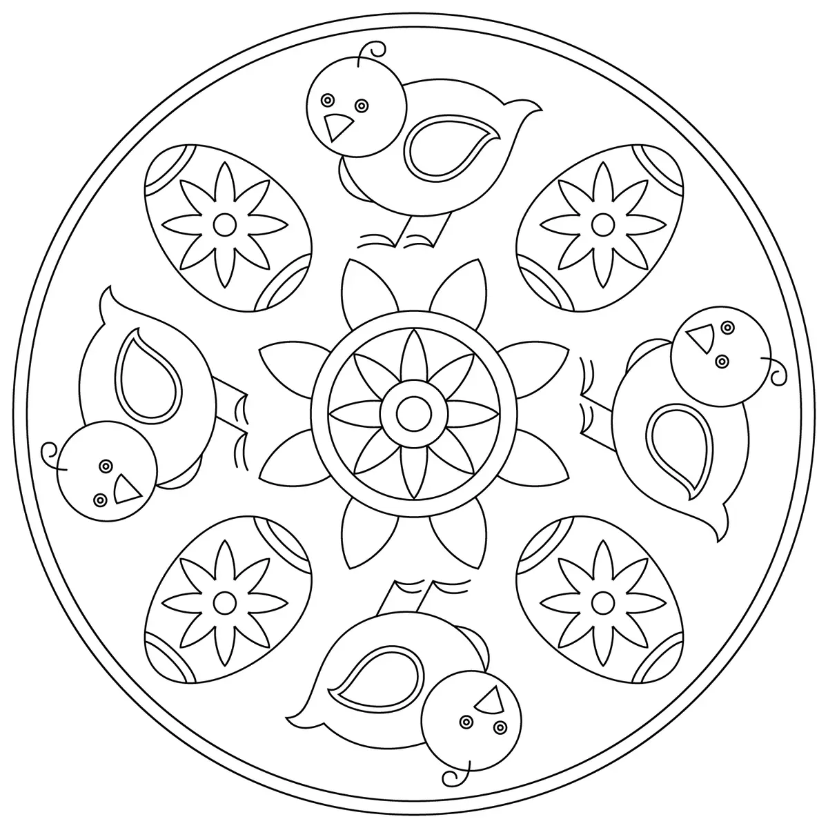 Easy Easter Egg and Chick Mandala coloring page to print