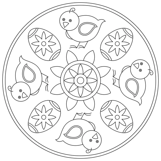 Easy Easter Egg and Chick Mandala coloring page to print