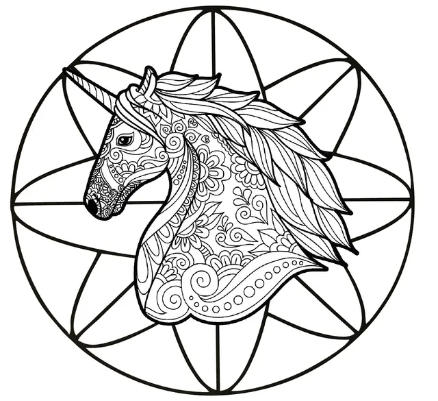 Ausmalbild Einhorn Mandala Kopf – Antistress für Erwachsene zum Ausdrucken