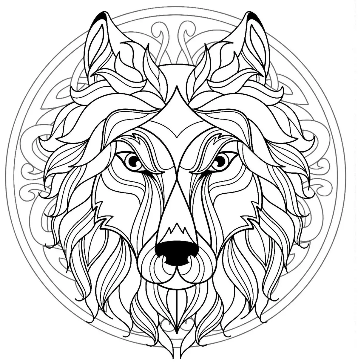 Wolf Head Mandala – Canis Lupus coloring page to print