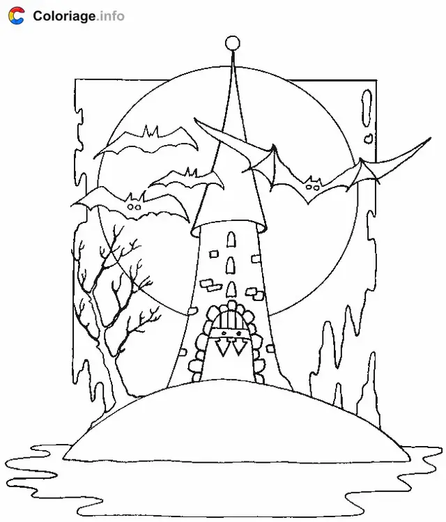 Coloriage Manoir avec des chauves-souris - Manoirs hantés à imprimer
