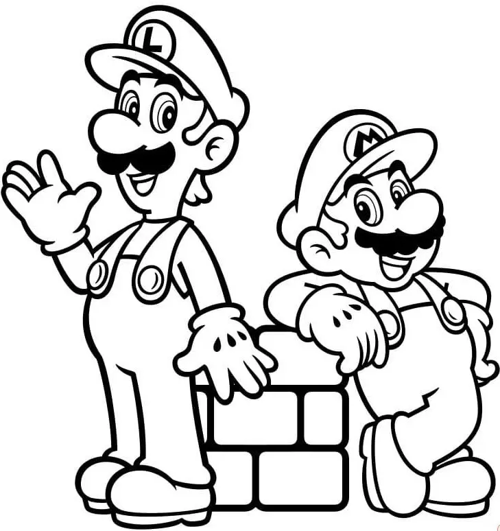 Kleurplaat Mario en Luigi zwaaien naar jou om te printen