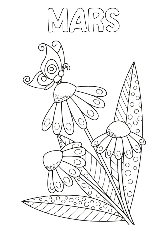 Coloriage Mars Papillon Fleurs - Mars à imprimer