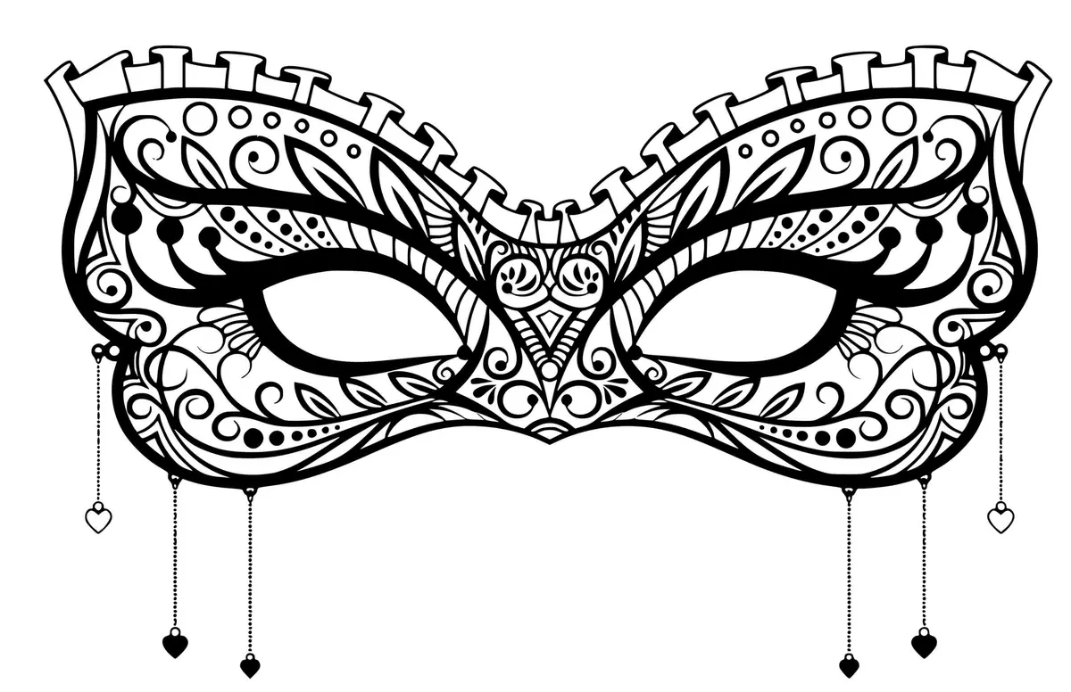 Delicate Lace Heart Carnival Mask coloring page to print