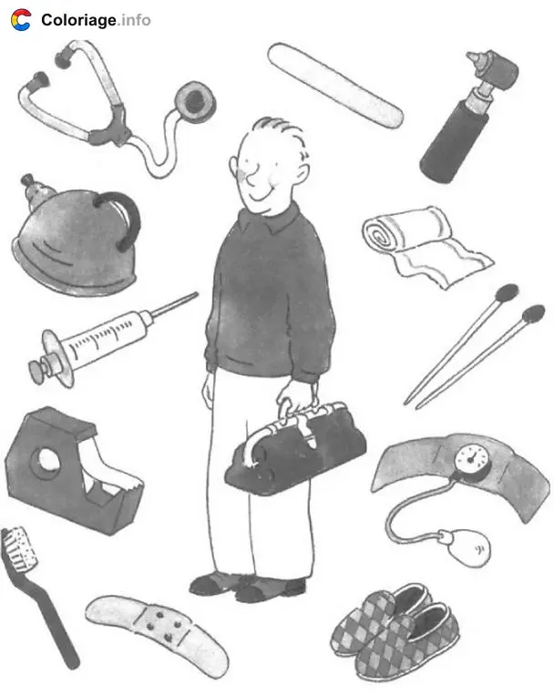 Doctor and Medical Kit coloring page to print