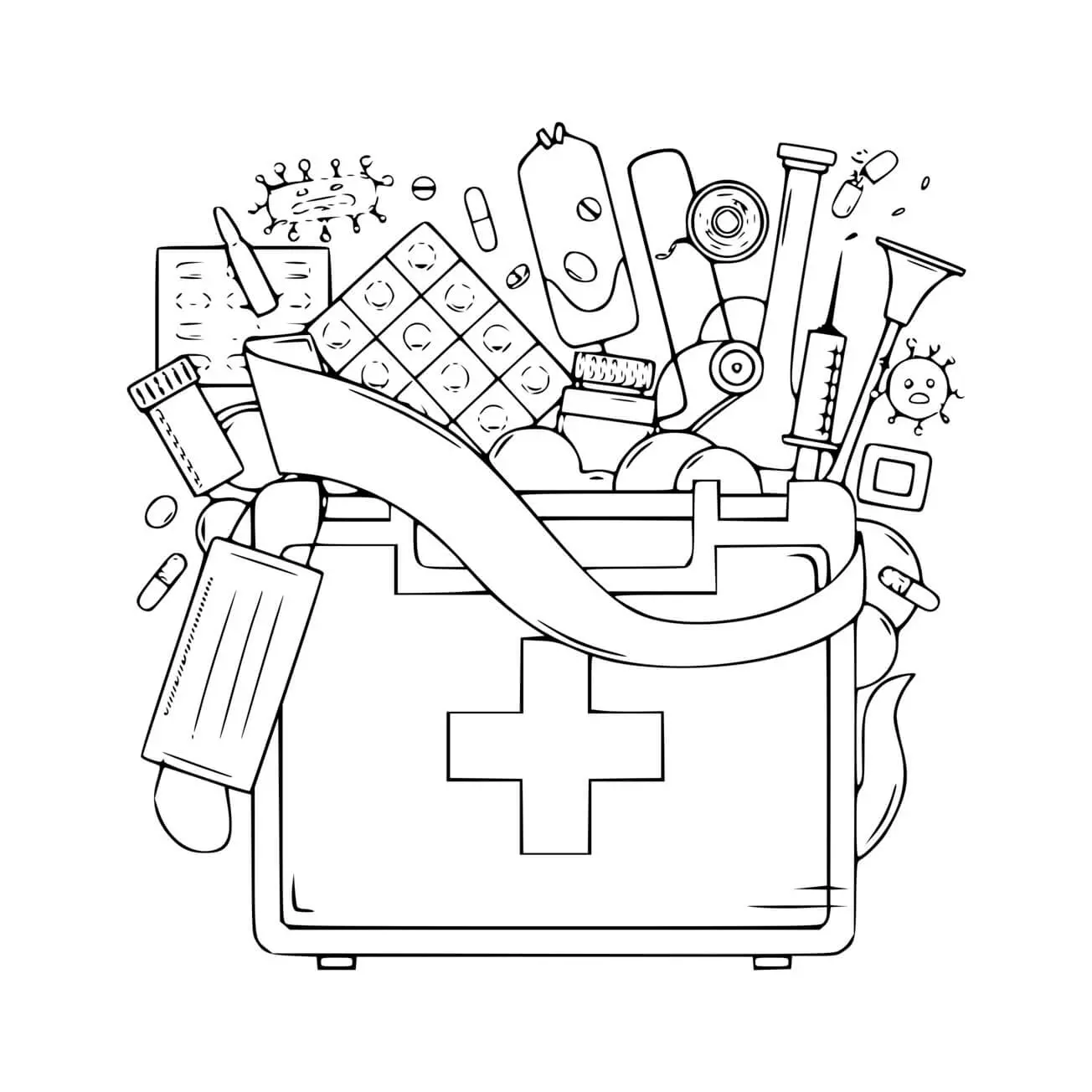 Coloriage Medecine Kit Premiers Secours Masque Virus Seringue Bandage - Docteur médecin à imprimer