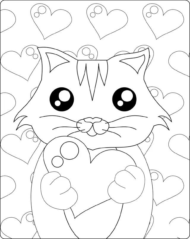 Coloriage Mignon Chaton Avec Cœur St Valentin - Saint-Valentin à imprimer