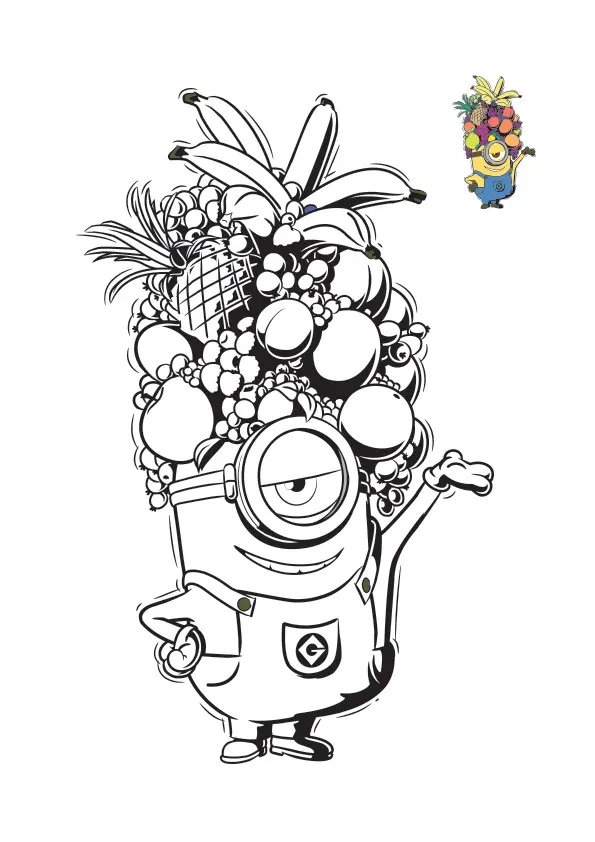 Dibujo de Minion con casco de frutas tropicales para colorear