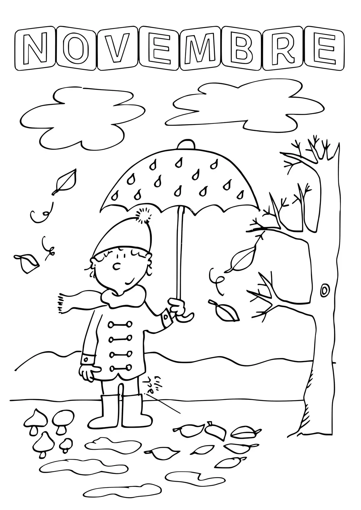 November Autumn Leaves and Rain coloring page to print