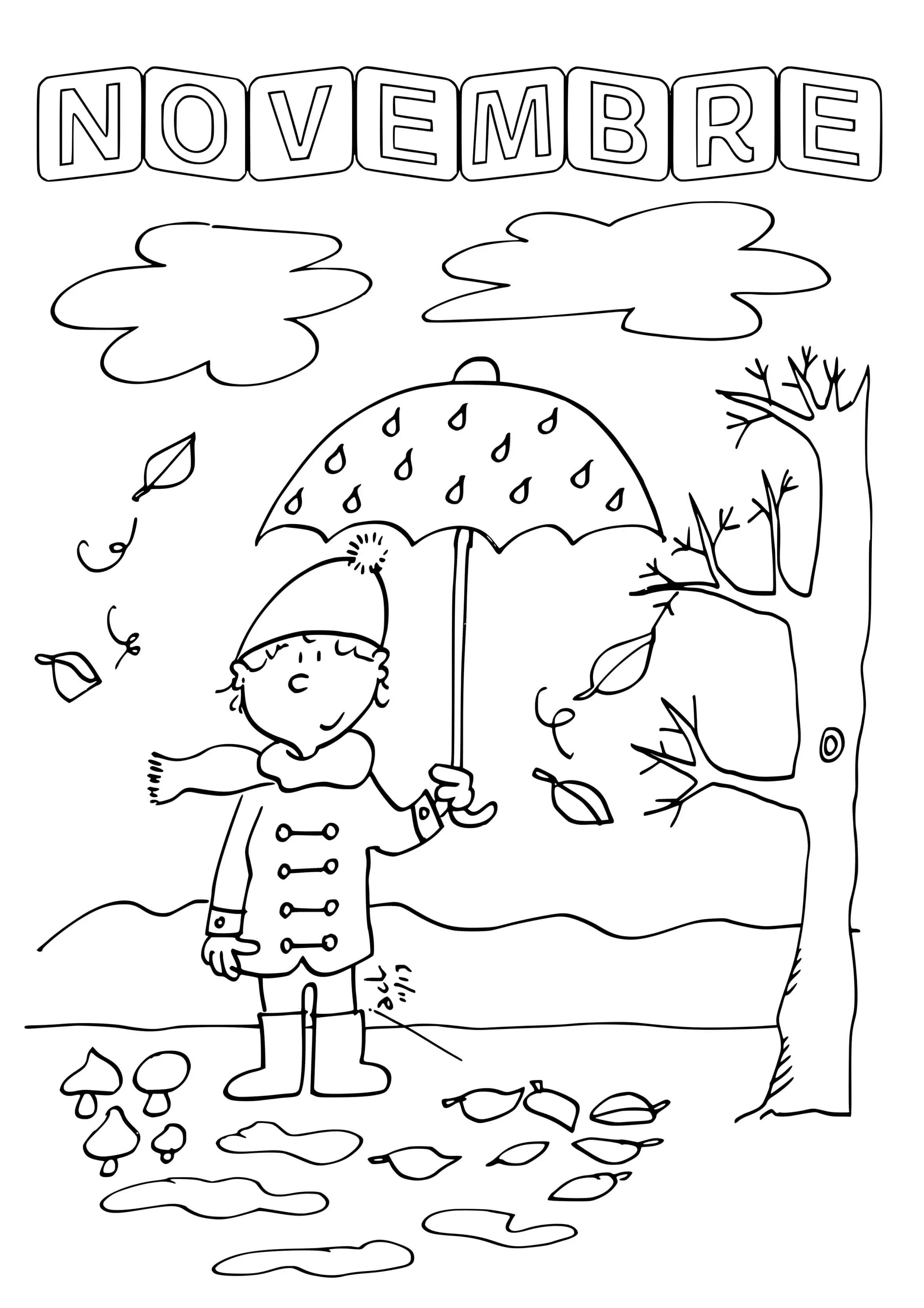 Coloriage Mois De Novembre Automne Feuilles Pluie - Novembre à imprimer