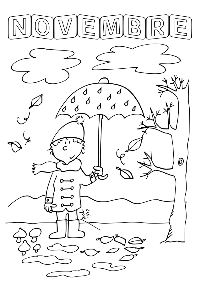 Coloriage Mois De Novembre Automne Feuilles Pluie - Novembre à imprimer