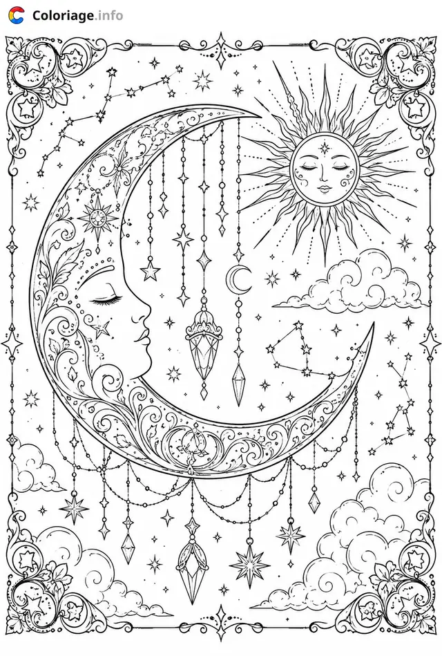 Desenho de A Lua e o Sol Mágicos em Preto e Branco para colorir