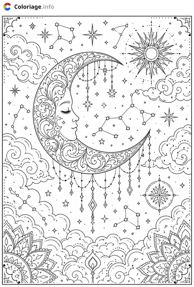 Desenho de A Lua Mágica e suas Estrelas em Preto e Branco para colorir