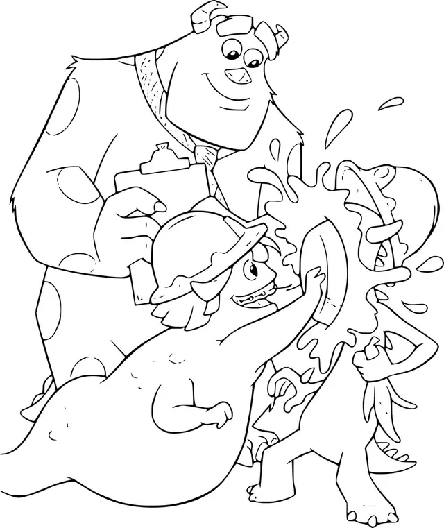 Coloriage Monstre Et Cie Lance Une Tarte Sur Un Monstre - Monstres et Cie à imprimer