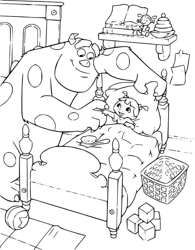 Coloriage Monstre Jacques Sullivan Fait Dormir La Petite - Monstres et Cie à imprimer