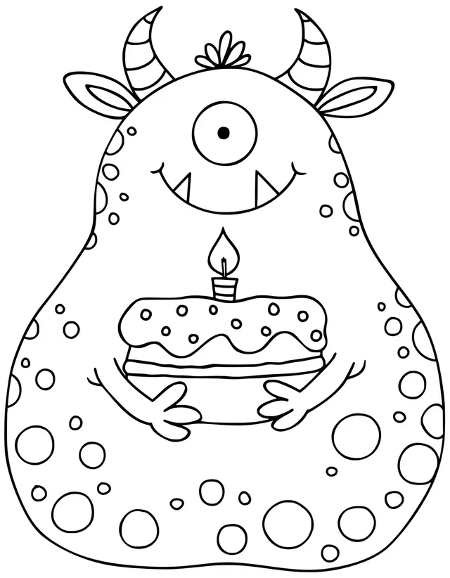 Desenho de Monstro Divertido com seu Bolo de Aniversário para colorir