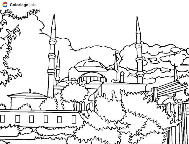 Coloriage Mosquée avec verdure - Monuments à imprimer