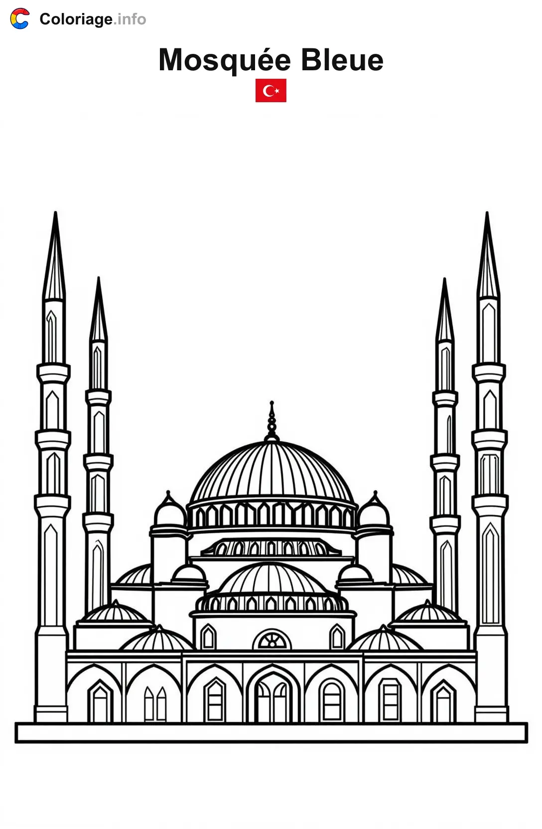 Coloriage Mosquée Bleue Turquie - Monuments à imprimer