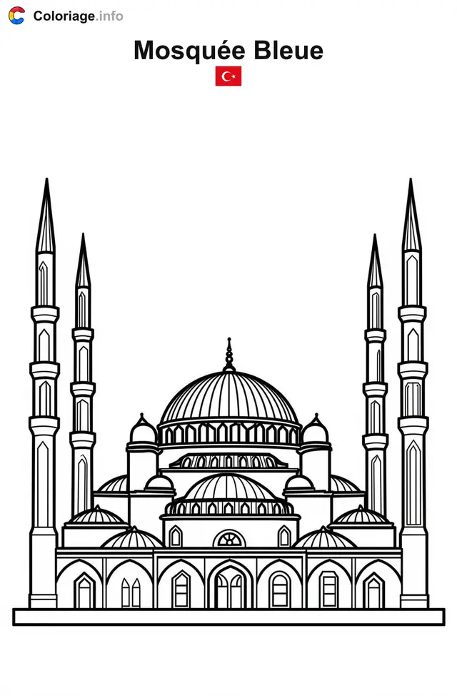 Coloriage Mosquée Bleue Turquie - Monuments à imprimer