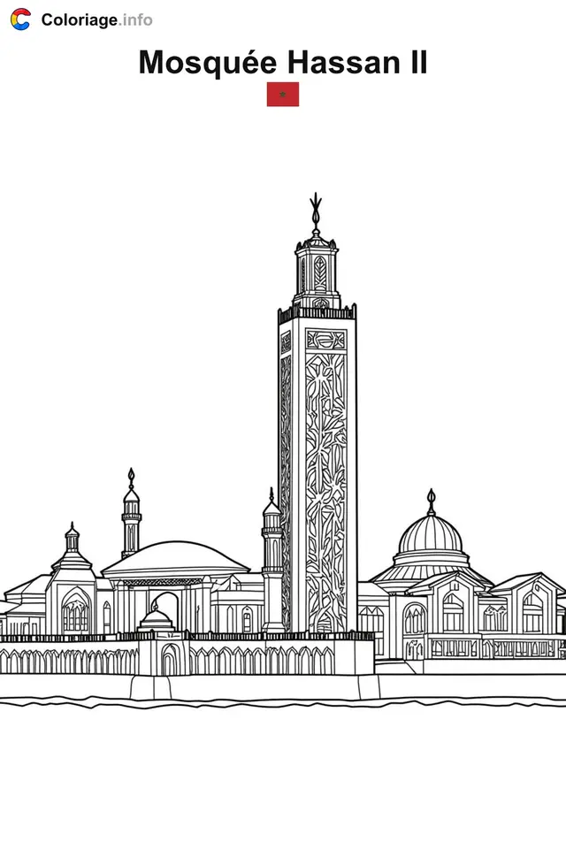 Coloriage Mosquée Hassan II Maroc - Monuments à imprimer