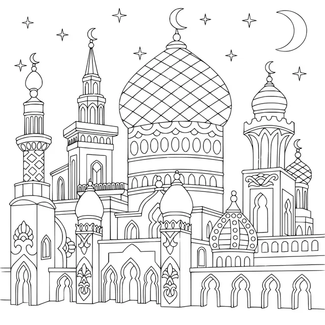 Coloriage Mosquee Turque Des Lunes En Croissant Des Étoiles Scintillantes - Ramadan à imprimer
