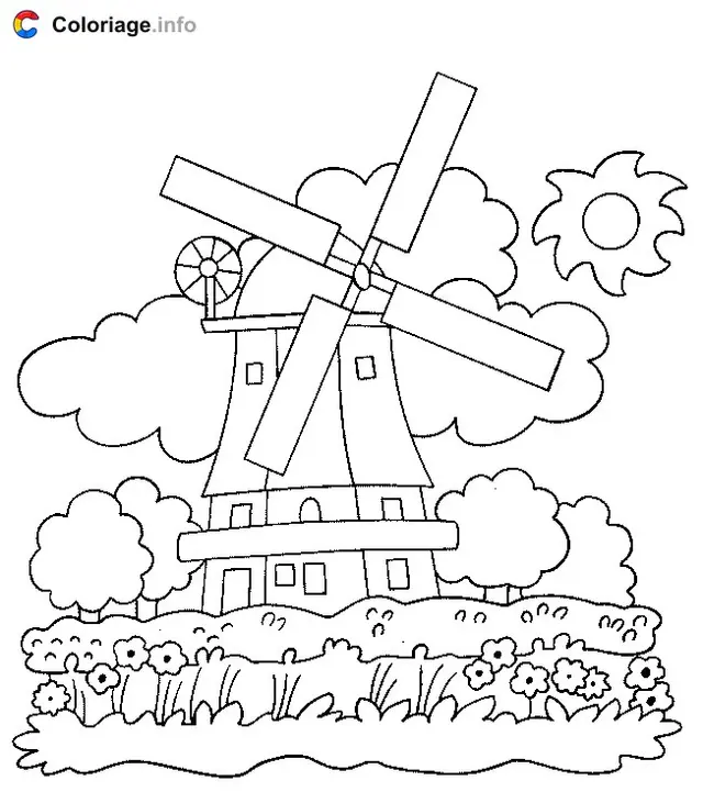 Ausmalbild Windmühle auf dem Land zum Ausdrucken