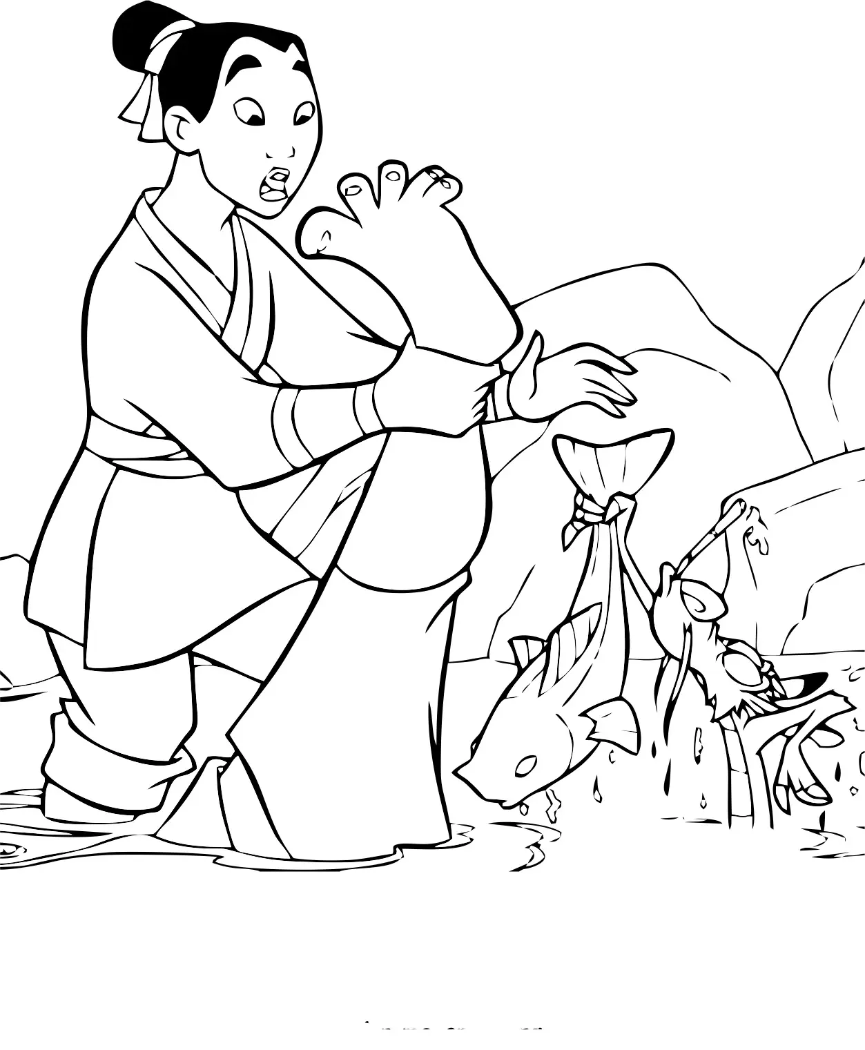 Coloriage Mulan A La Pêche Avec Mushu - Mulan à imprimer