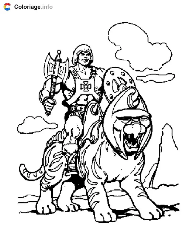 Desenho de Musclor em seu tigre de combate Gringer para colorir