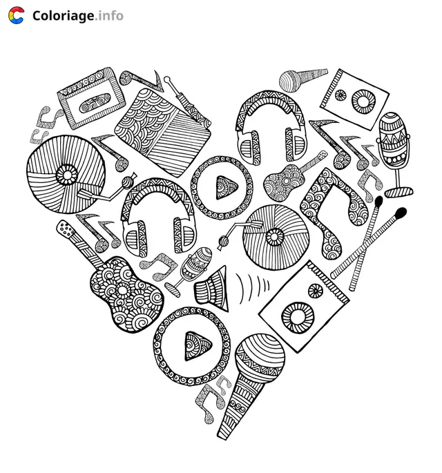 Coloriage Musique en forme de cœur - Musique à imprimer