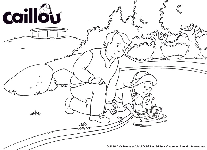 Coloriage Naviguer Dans Le Parc Avec Un Jouet Bateau Caillou Et Papi - Caillou à imprimer