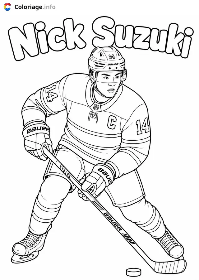 Coloriage Nick Suzuki contrôlant le palet - Hockey à imprimer