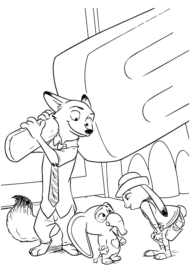 Coloriage Nick Wilde Avec Un Sac Et Judy Hopps Discutant Avec Un Éléphant A Zootopie - Zootopie à imprimer
