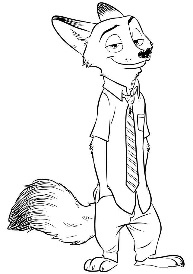 Coloriage Nick Wilde Debout En Chemise Et Cravate - Zootopie à imprimer