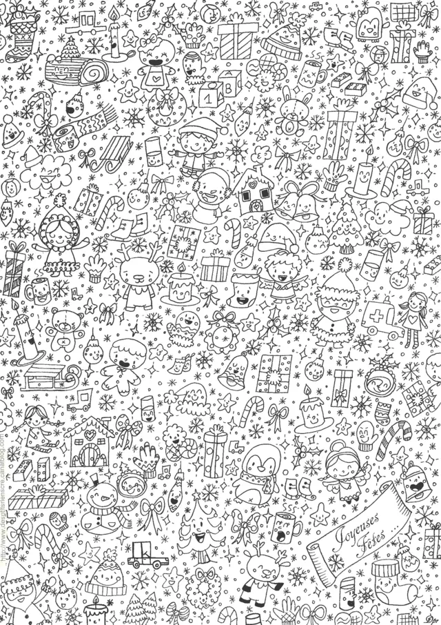 Coloriage Noël festif avec enfants et flocons - Adulte à imprimer