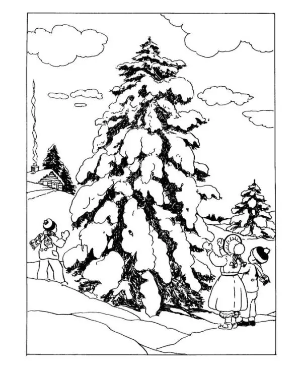 Coloriage Scène de Noël traditionnelle avec sapin et décorations - Adulte à imprimer