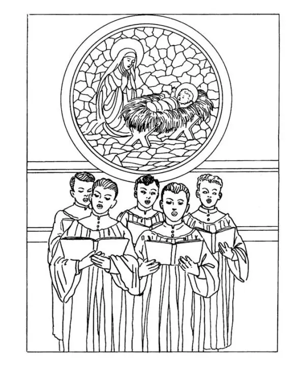 Coloriage Composition hivernale festive Noël avec personnages - Adulte à imprimer