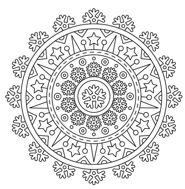 Coloriage Noël Mandala Mandala Étoiles Flocons De Neiges - Noël adulte à imprimer