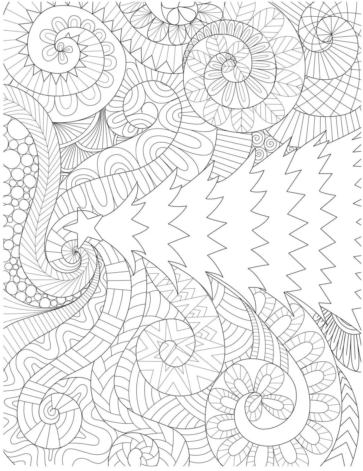 Christmas Mandala Tree with Patterned Swirl Background coloring page to print