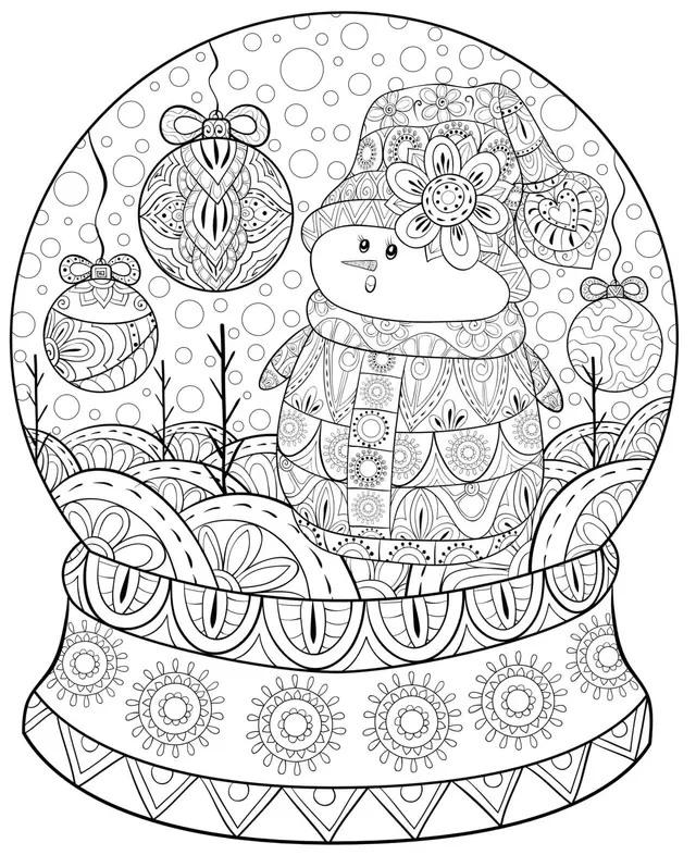 Coloriage Noël Pour Adulte Motif Globe Et Bonhomme De Neige - Noël adulte à imprimer