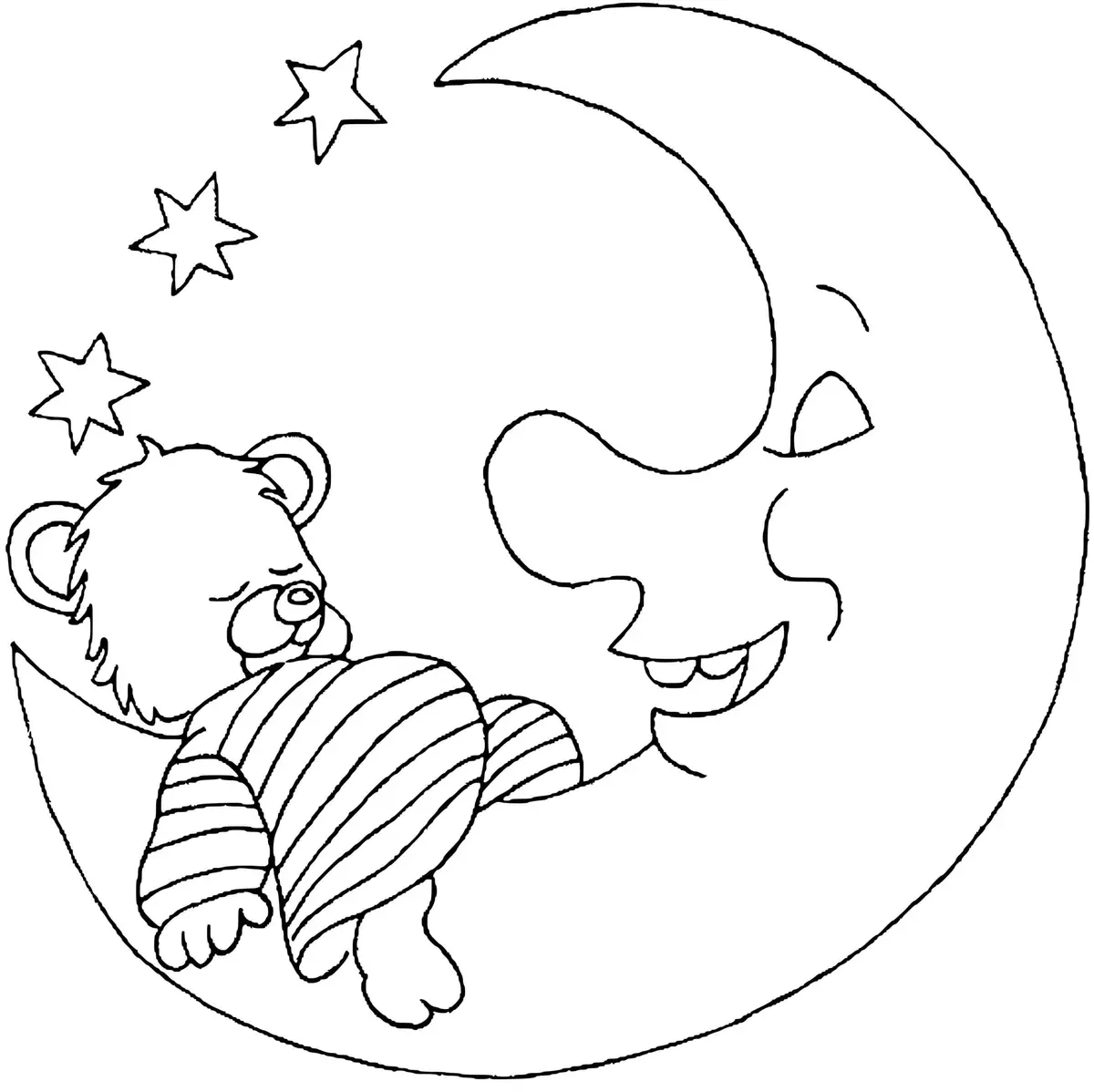 Ausmalbild Teddybär schläft mit dem Mond zum Ausdrucken